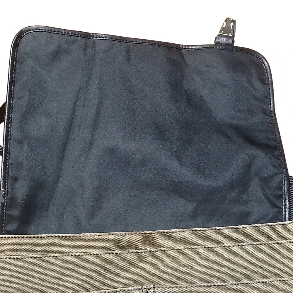 Fossil Messenger Bag Mens Tan Canvas Faux Leather Buckle Strap Laptop